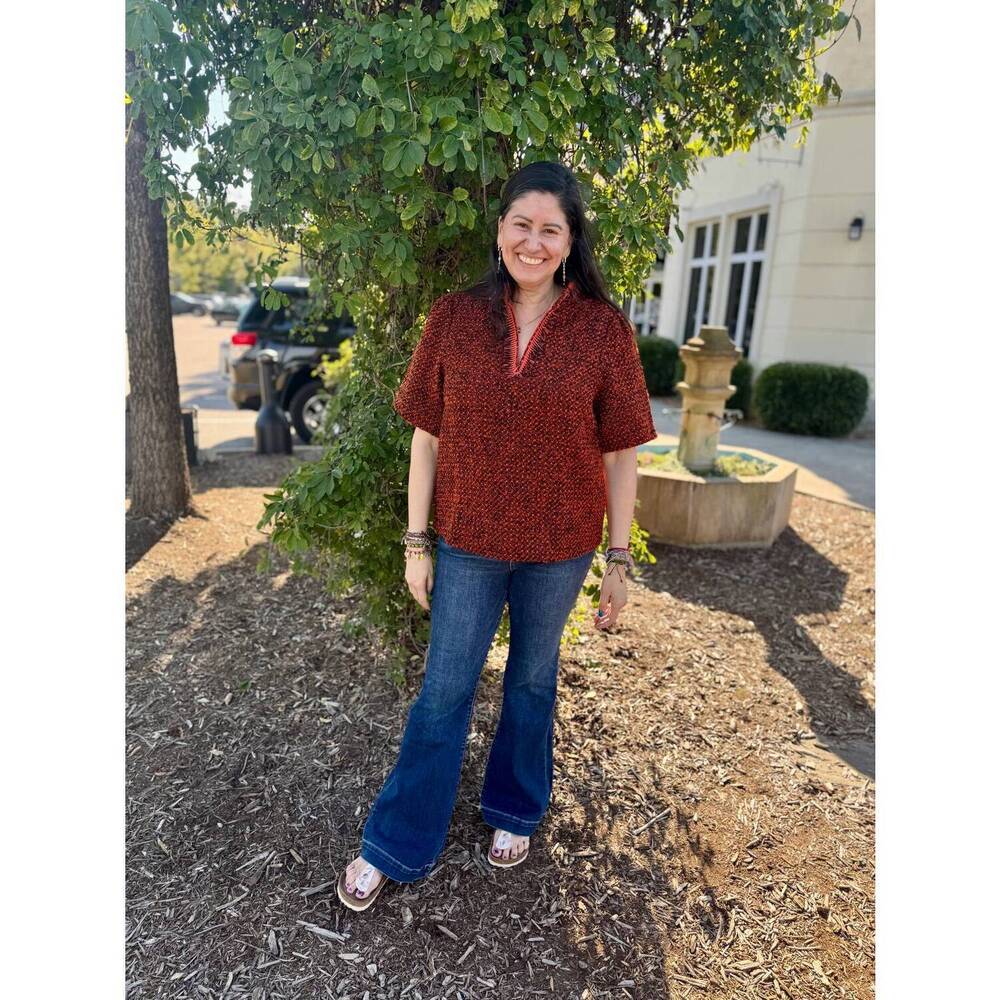 NEW VOY fringe textured half zip tweed top in rust